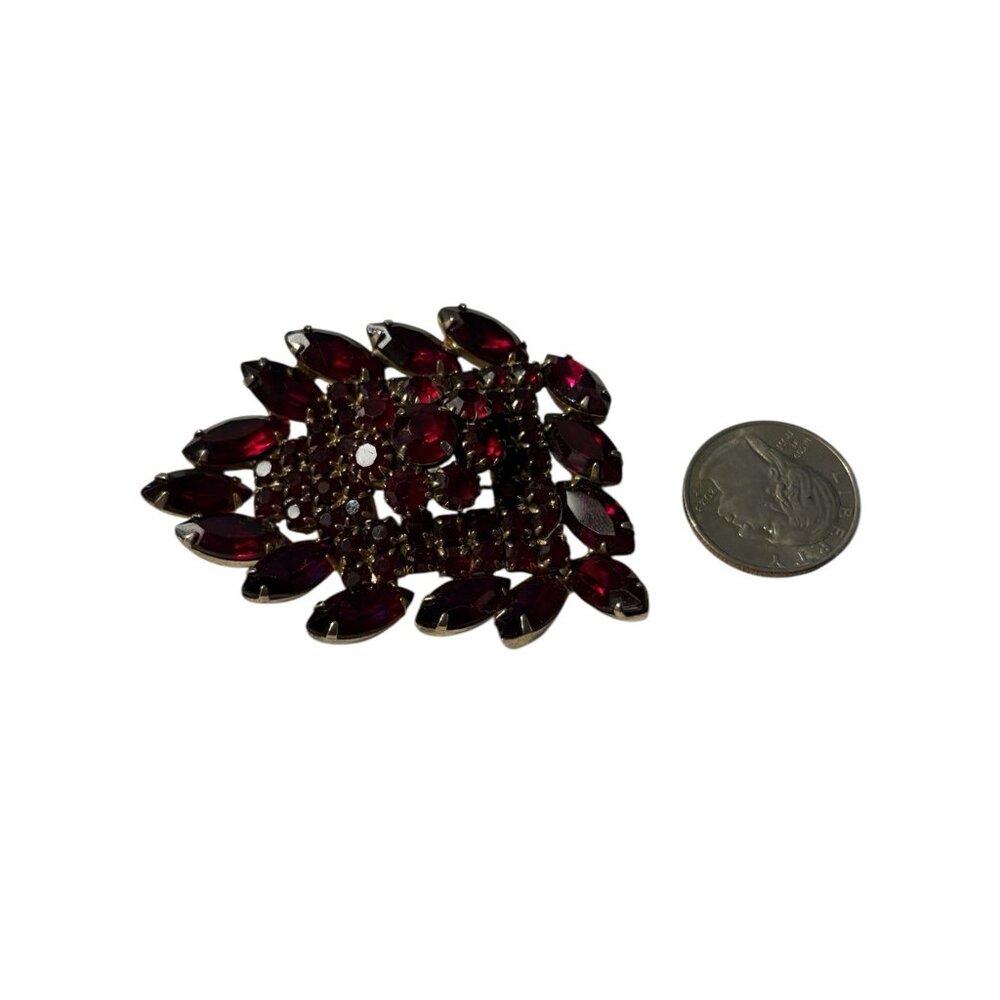 VTG Red Brooch Pin Navette and Round Rhinestone Gold Tone Large Statement Chunky - Picture 8 of 16